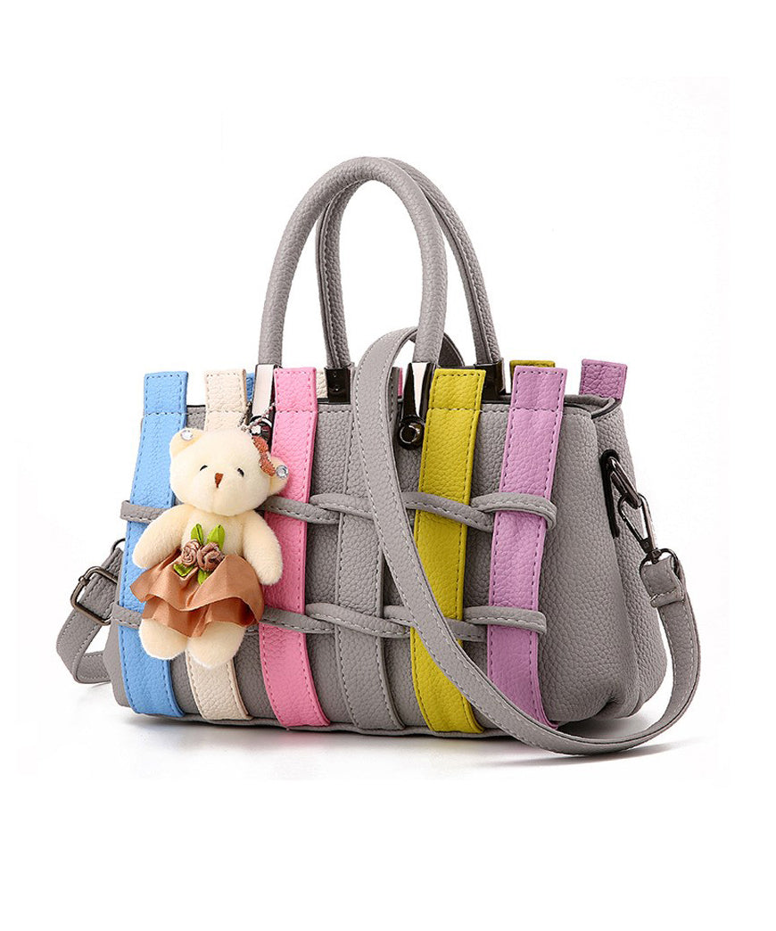 Faux Leather Tote Grey Patchwork Handbag Chic