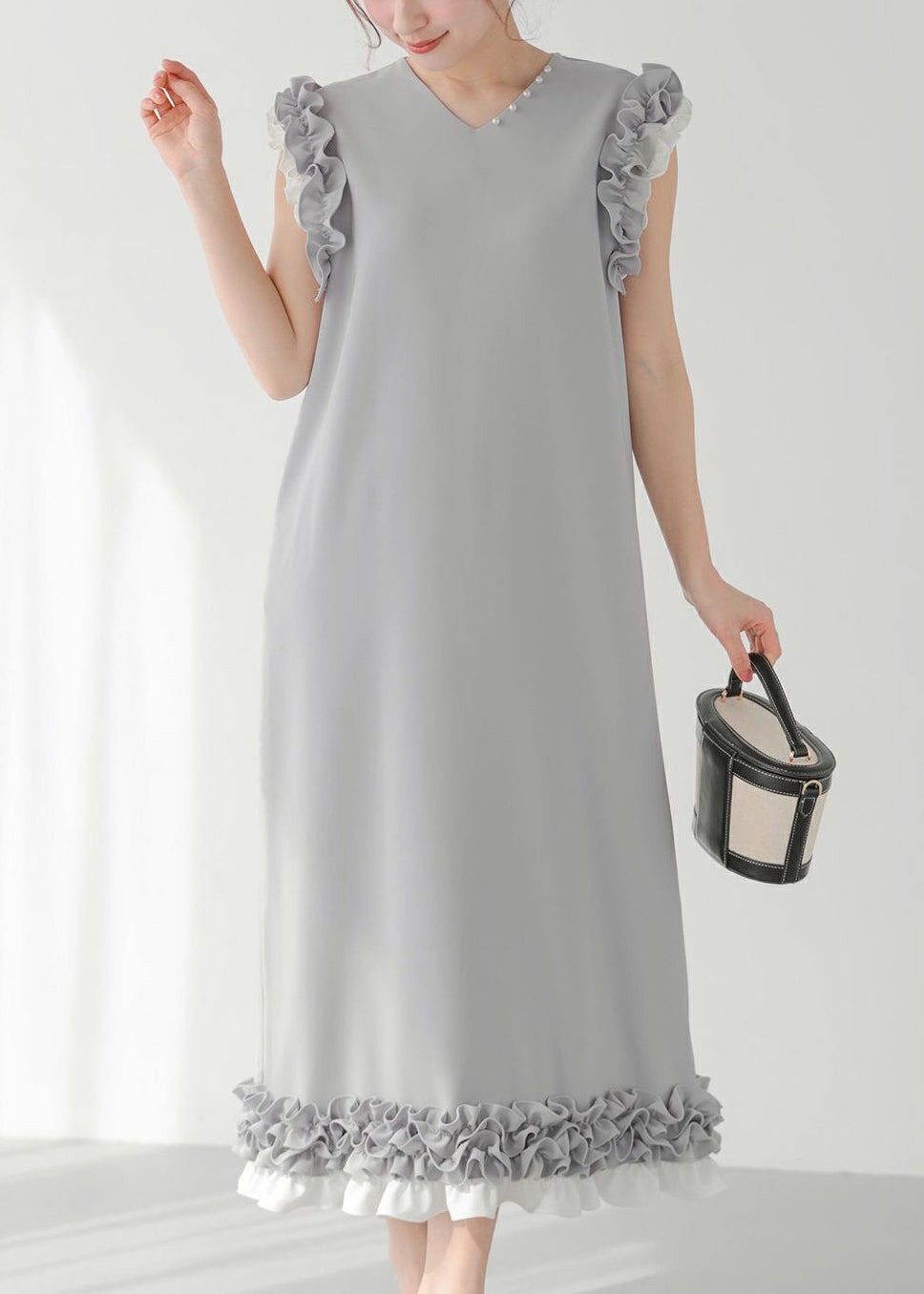 Chic Decorated Pearl Straight Ruffled Dress Patchwork Grey