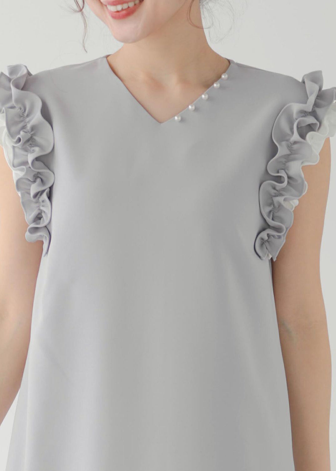 Chic Decorated Pearl Straight Ruffled Dress Patchwork Grey