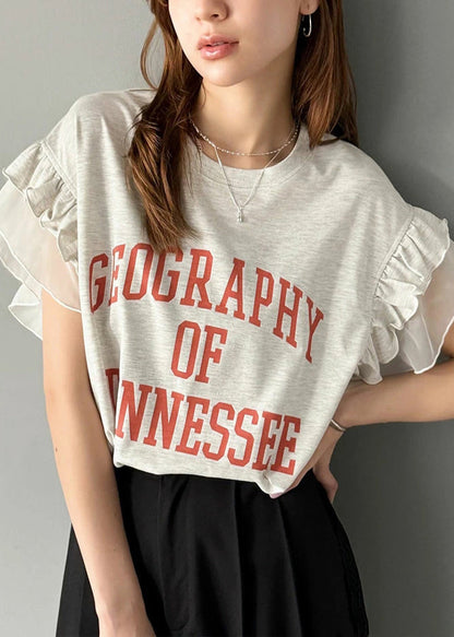 Tops Patchwork Chic Summer Cotton Ruffled Print Grey