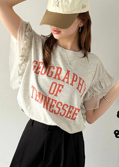 Tops Patchwork Chic Summer Cotton Ruffled Print Grey