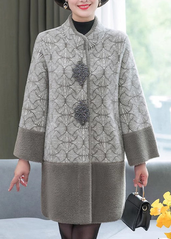 Chic Grey Stand Collar Print Patchwork Mink Velvet Coats Spring TA013