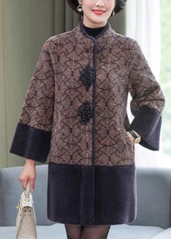 Chic Grey Stand Collar Print Patchwork Mink Velvet Coats Spring TA013