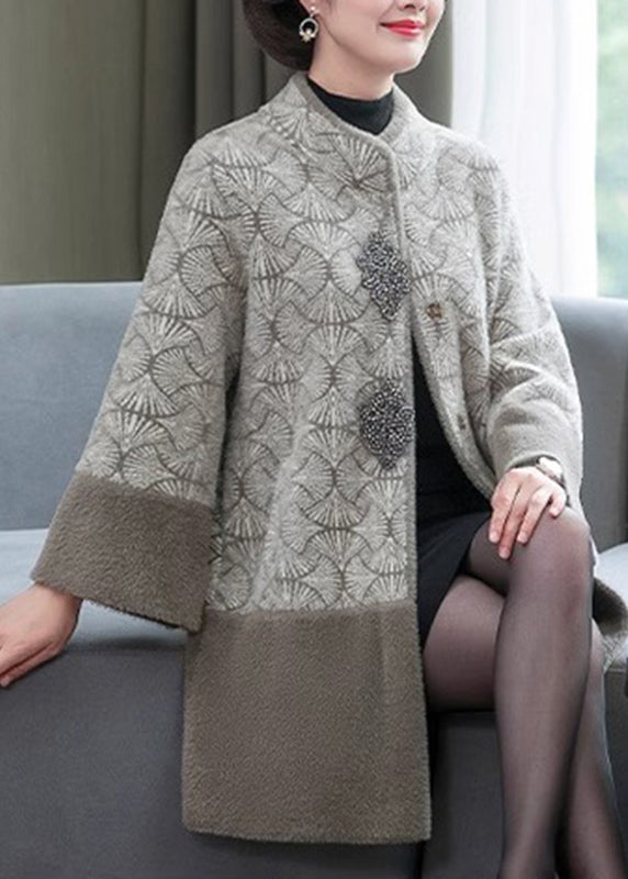 Chic Grey Stand Collar Print Patchwork Mink Velvet Coats Spring TA013