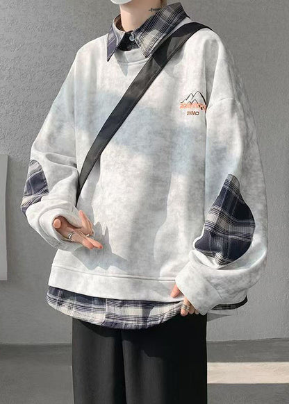 Warm Tie Sweatshirts Mens Chic Plaid Patchwork Grey Dye Fleece