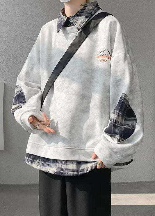 Warm Tie Sweatshirts Mens Chic Plaid Patchwork Grey Dye Fleece