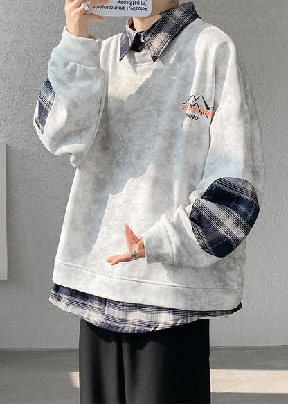 Warm Tie Sweatshirts Mens Chic Plaid Patchwork Grey Dye Fleece