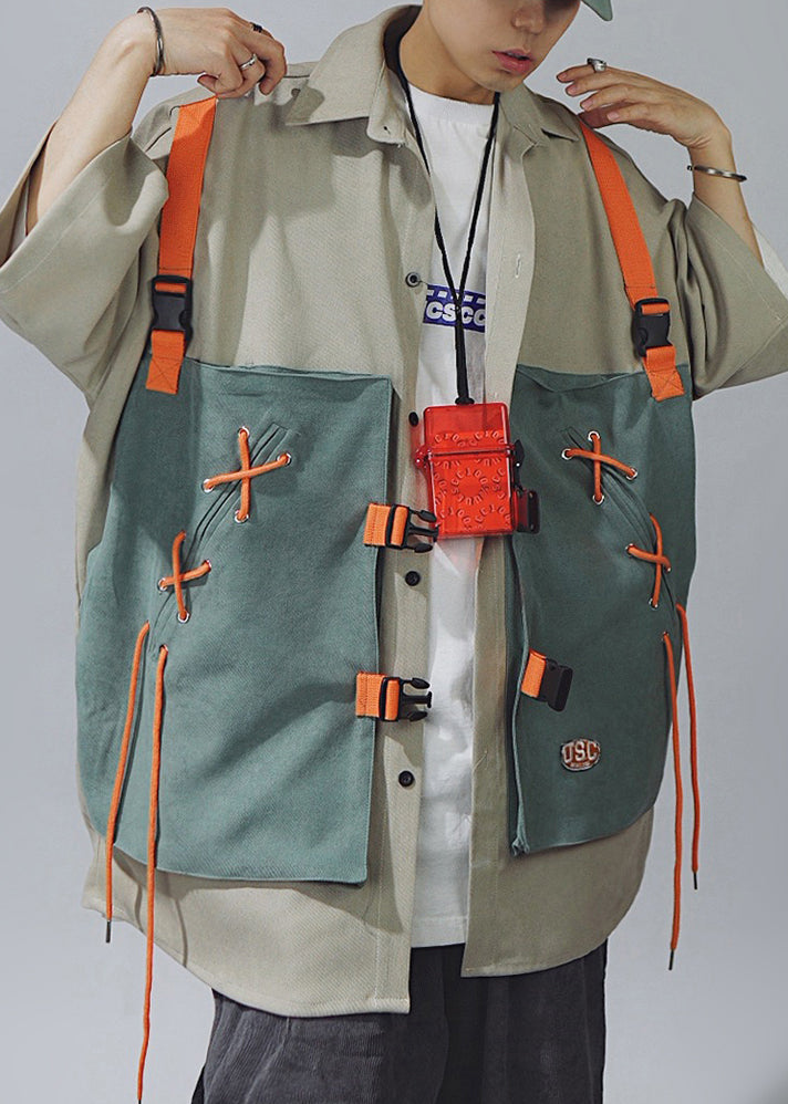 Shirts Lace Sleeve Up Men Cotton Half Chic T Patchwork Khaki