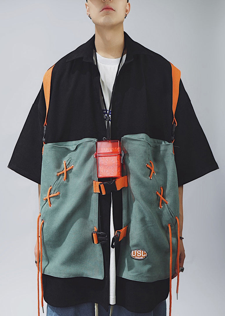 Shirts Lace Sleeve Up Men Cotton Half Chic T Patchwork Khaki