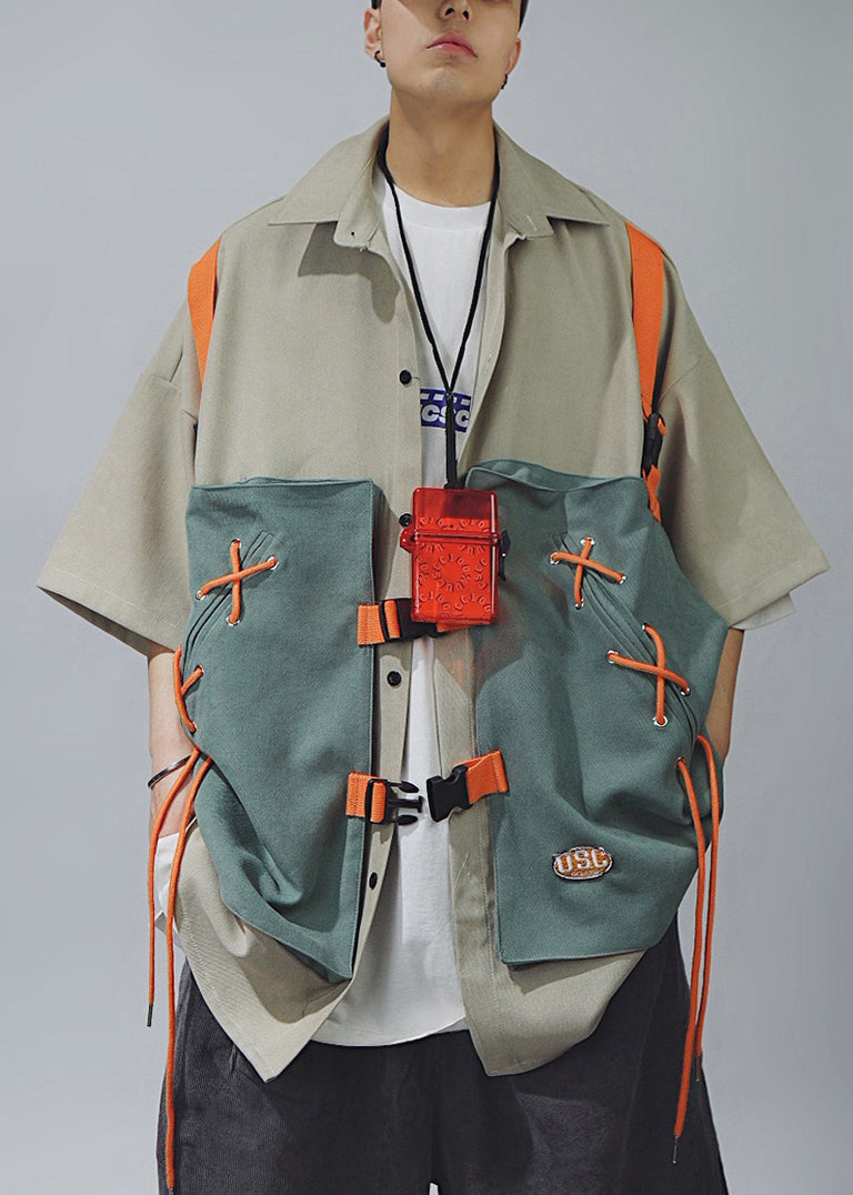 Shirts Lace Sleeve Up Men Cotton Half Chic T Patchwork Khaki