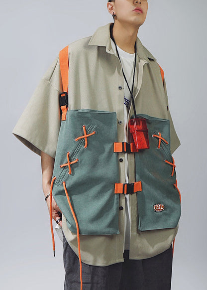 Shirts Lace Sleeve Up Men Cotton Half Chic T Patchwork Khaki