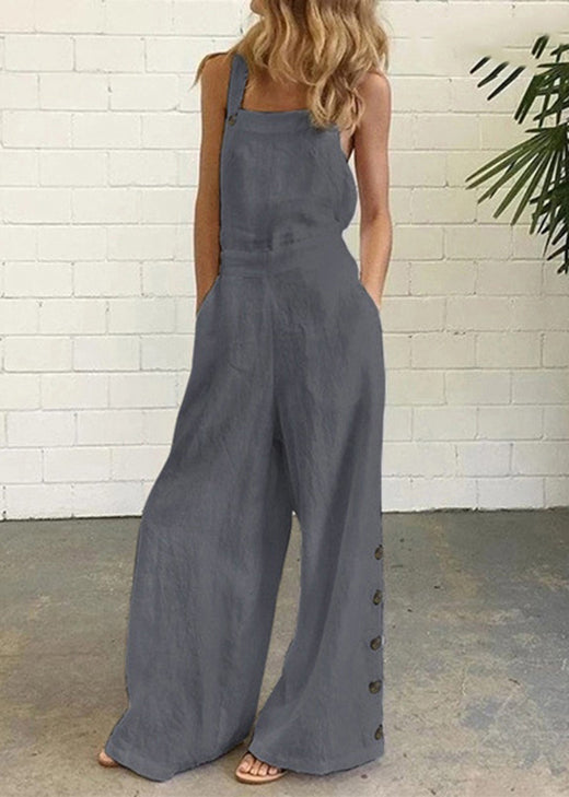 Khaki Cotton Chic Patchwork Pockets Jumpsuit Button Summer