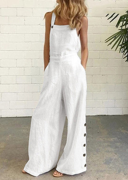 Khaki Cotton Chic Patchwork Pockets Jumpsuit Button Summer