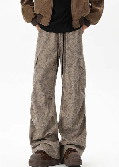 Corduroy Dye Tie Pants Chic Waist Men Khaki Pockets Elastic