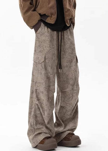 Corduroy Dye Tie Pants Chic Waist Men Khaki Pockets Elastic