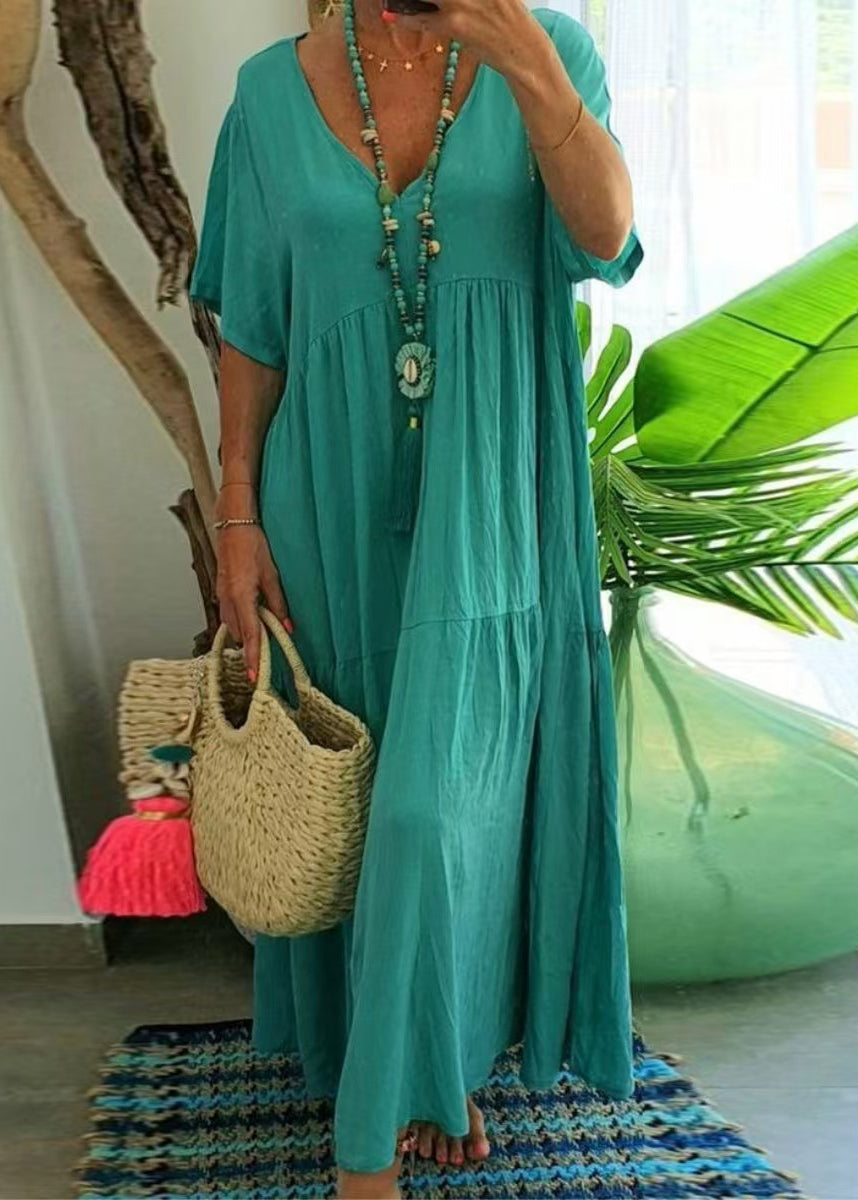Beach Dress Green Cotton Lake Oversized Summer Patchwork Chic