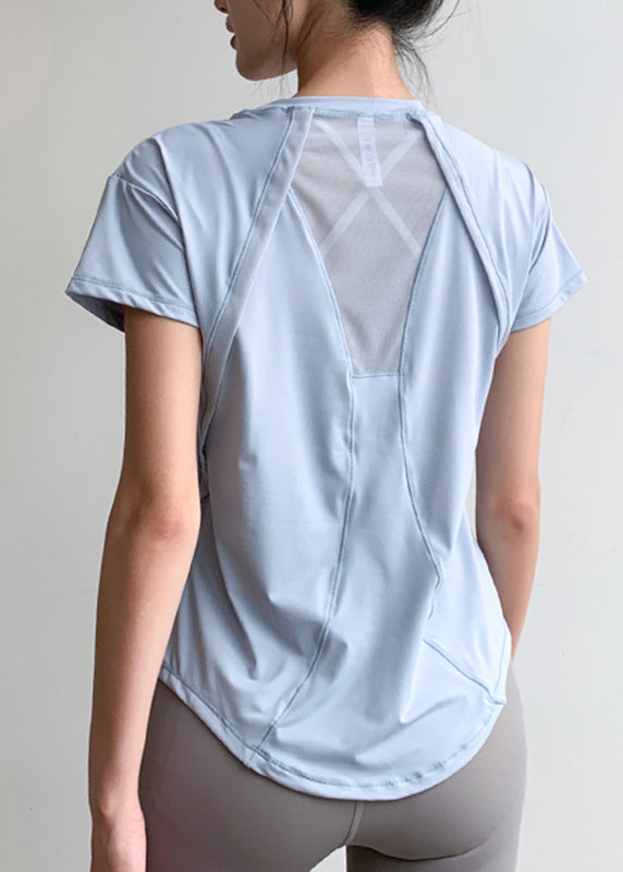 Patchwork Short Light Yoga Tulle Sleeve Blue Top Chic