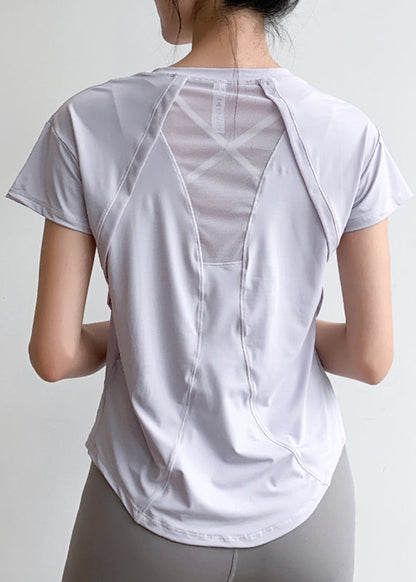 Patchwork Short Light Yoga Tulle Sleeve Blue Top Chic