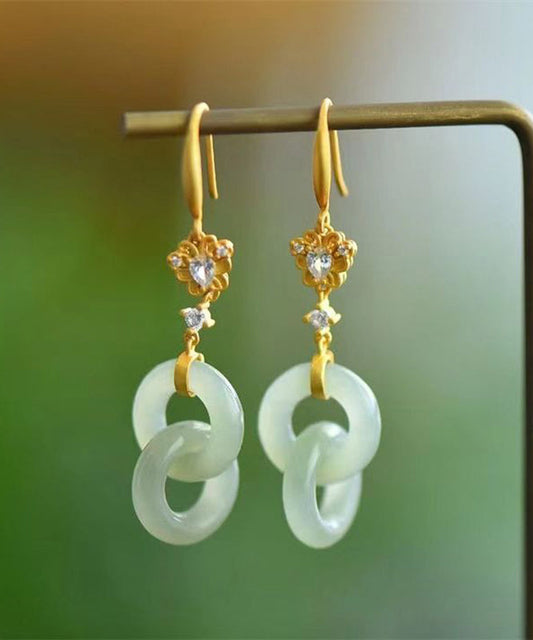 Chic Light Green Sterling Silver Overgild Double Ring Jade Zircon Drop Earrings GH1020