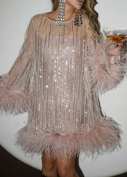 Tulle Patchwork Mid Sequins Chic Light Spring Pink Dress Fluffy