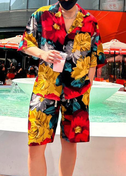 Chic Multi Print Pockets Cotton Mens Two Pieces Set Summer HG050