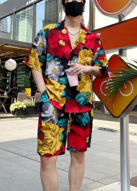 Chic Multi Print Pockets Cotton Mens Two Pieces Set Summer HG050