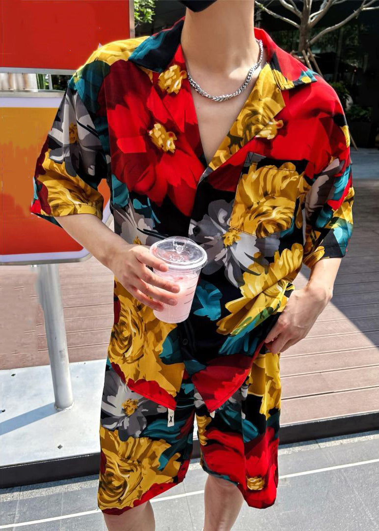 Chic Multi Print Pockets Cotton Mens Two Pieces Set Summer HG050