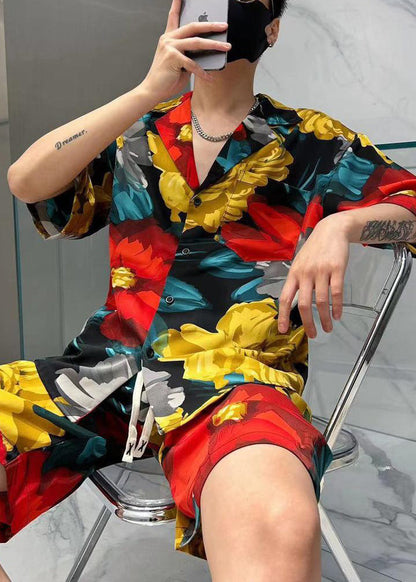 Chic Multi Print Pockets Cotton Mens Two Pieces Set Summer HG050