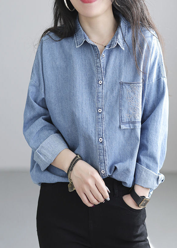 Chic Navy Embroidered Denim Shirt Spring TJ020