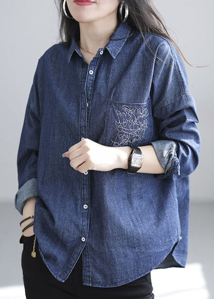 Chic Navy Embroidered Denim Shirt Spring TJ020
