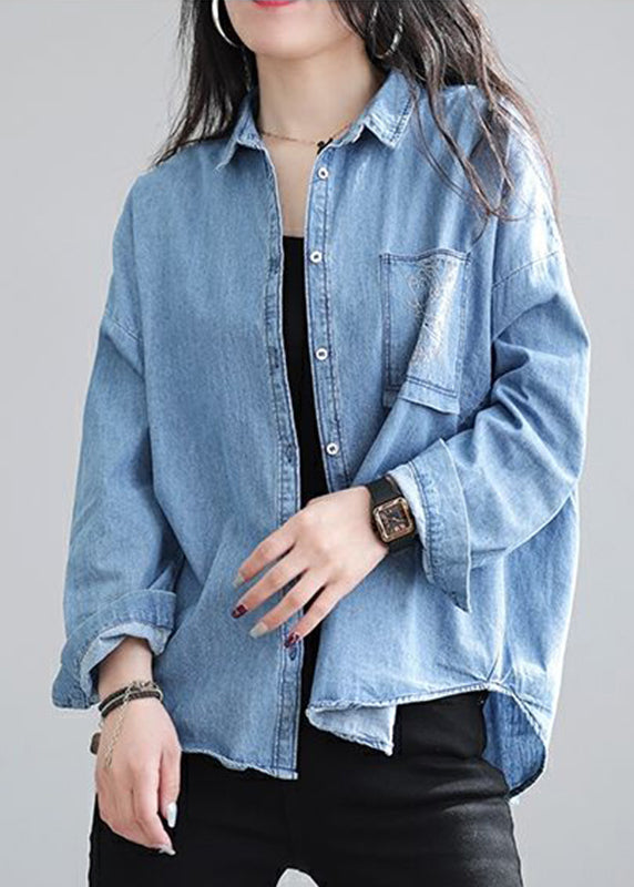 Chic Navy Embroidered Denim Shirt Spring TJ020