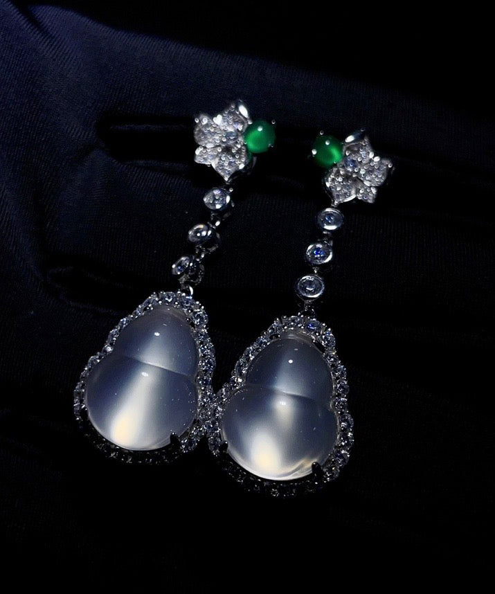 Chic Nude Sterling Silver Inlaid Zircon Jade Gourd Drop Earrings AC1064