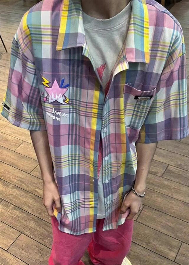 Summer Cotton Men Collar Shirt Plaid Pockets Peter Chic Pan