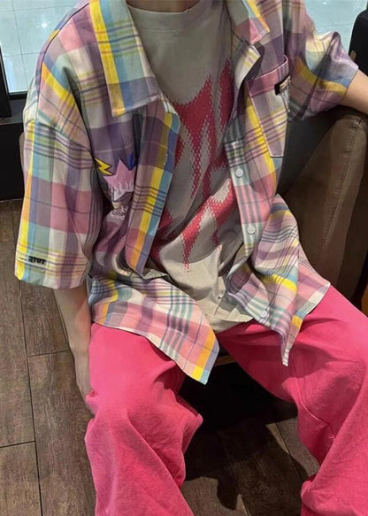 Summer Cotton Men Collar Shirt Plaid Pockets Peter Chic Pan