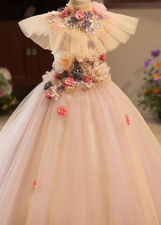 Chic Pink Patchwork Floral Tulle Kids Vacation Maxi Dresses Summer YG019