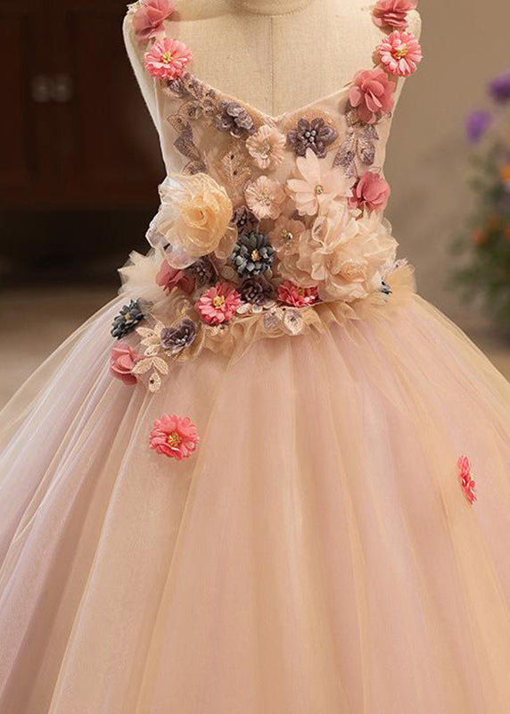 Chic Pink Patchwork Floral Tulle Kids Vacation Maxi Dresses Summer YG019