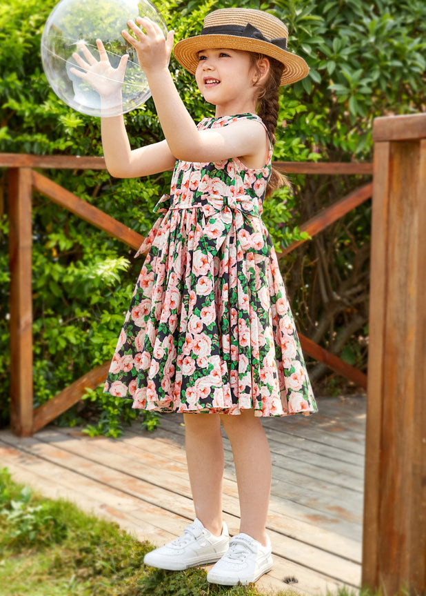 Chic Pink Print Bow Cotton Girls Dress Sleeveless TT014
