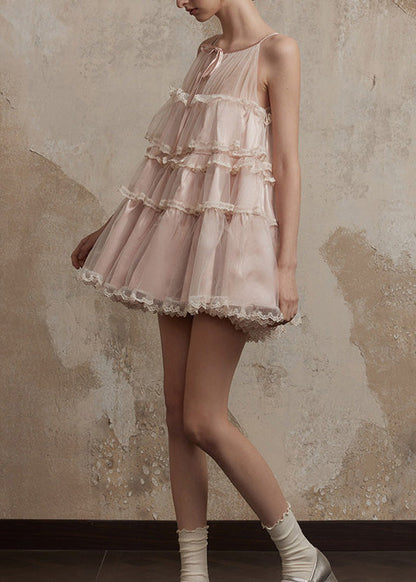 Ruffled Patchwork Tulle Pink Chic Summer Dresses Mini