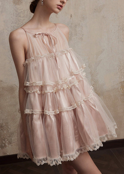 Ruffled Patchwork Tulle Pink Chic Summer Dresses Mini