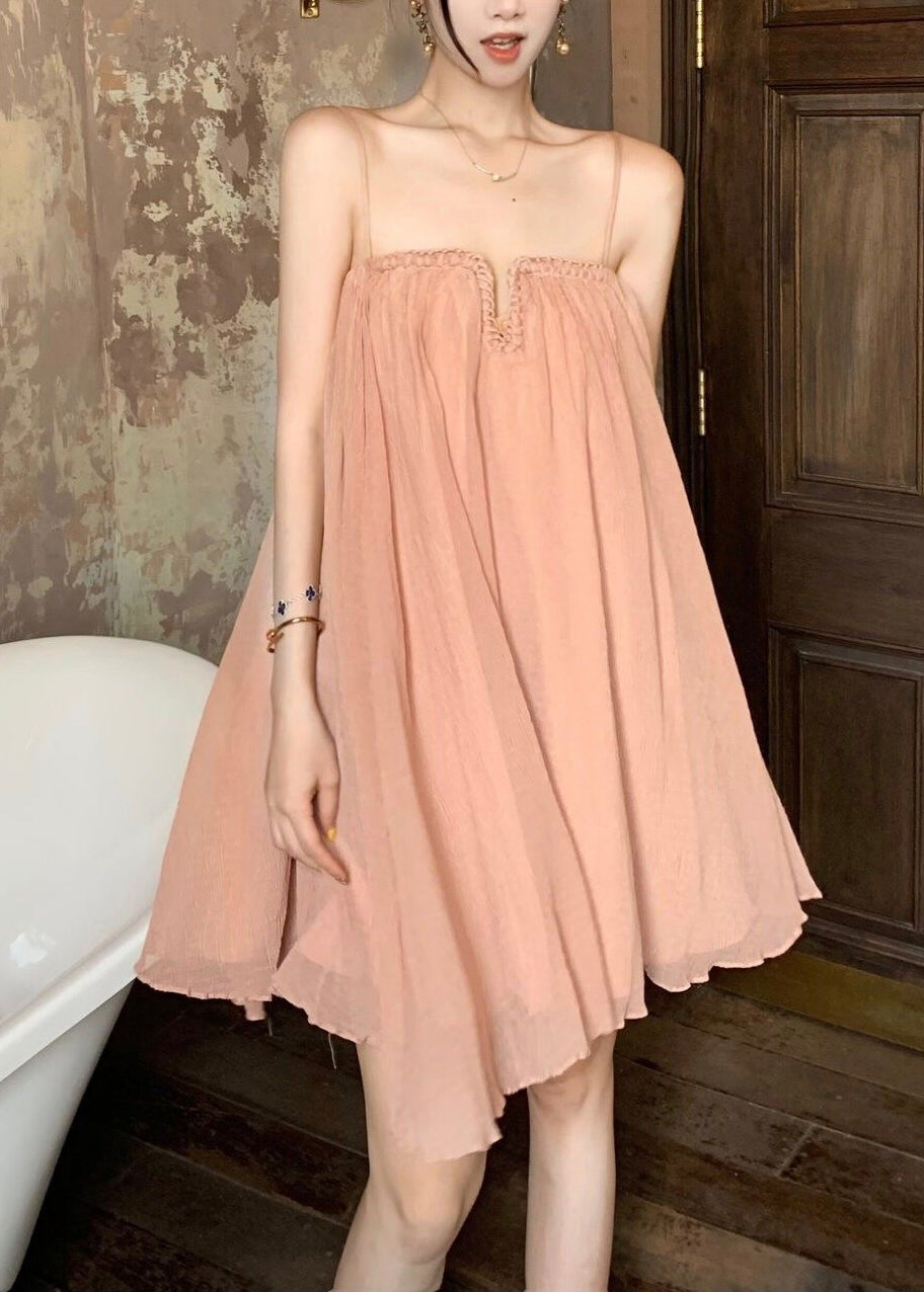 Tulle Dress Wrinkled Summer Pink Chic Strap Spaghetti