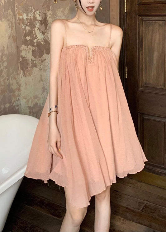 Tulle Dress Wrinkled Summer Pink Chic Strap Spaghetti