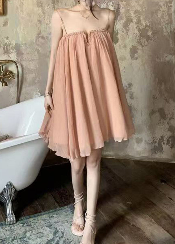 Tulle Dress Wrinkled Summer Pink Chic Strap Spaghetti