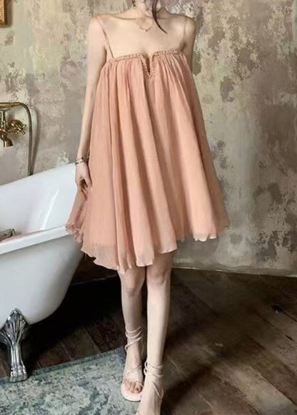Tulle Dress Wrinkled Summer Pink Chic Strap Spaghetti