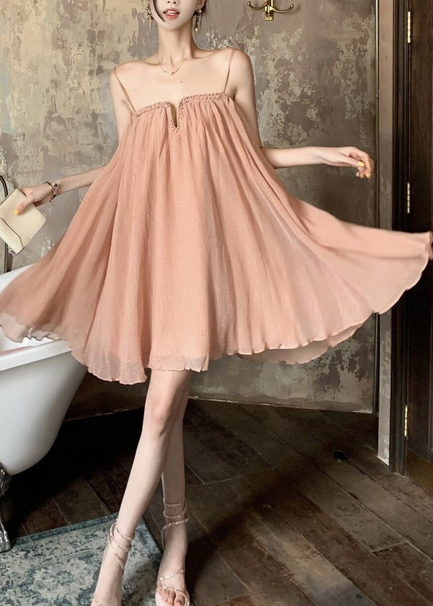 Tulle Dress Wrinkled Summer Pink Chic Strap Spaghetti