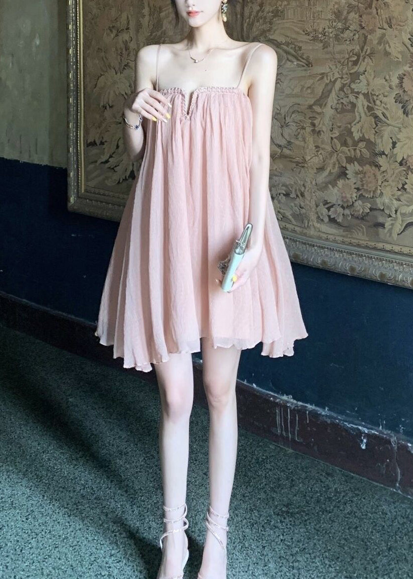Tulle Dress Wrinkled Summer Pink Chic Strap Spaghetti