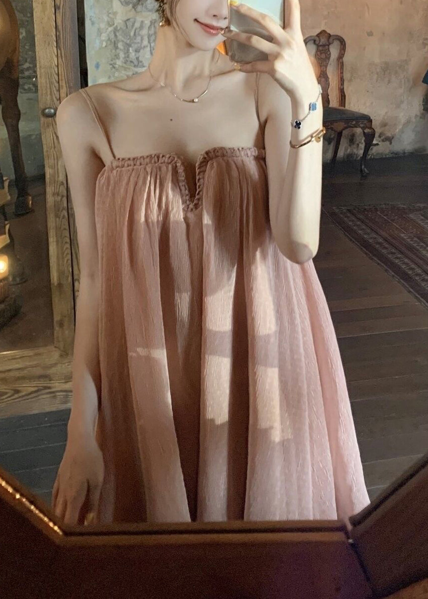Tulle Dress Wrinkled Summer Pink Chic Strap Spaghetti