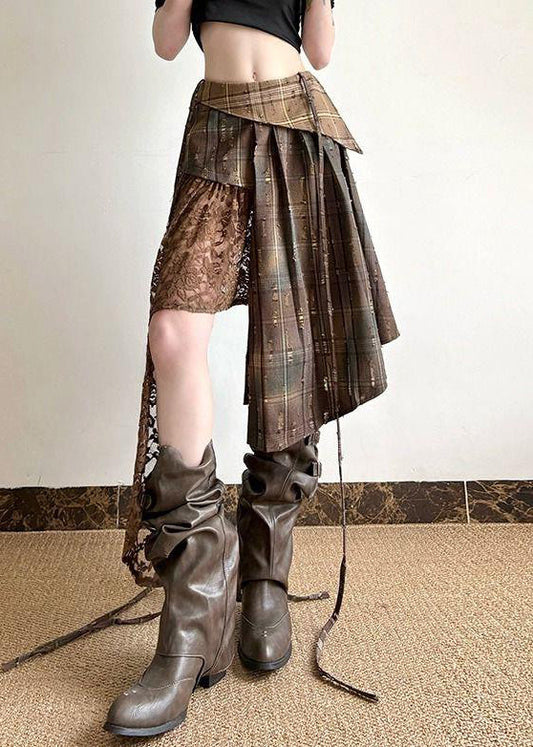 Plaid Lace Summer Patchwork Chic Skirt Asymmetrical Cotton