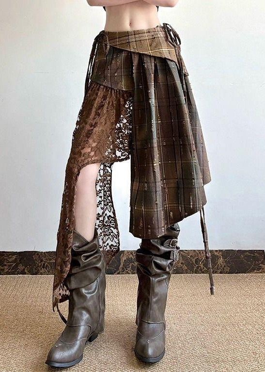 Plaid Lace Summer Patchwork Chic Skirt Asymmetrical Cotton
