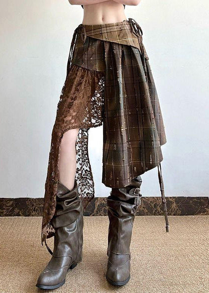 Plaid Lace Summer Patchwork Chic Skirt Asymmetrical Cotton