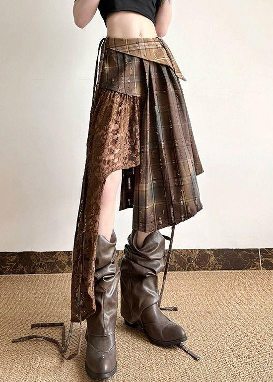 Plaid Lace Summer Patchwork Chic Skirt Asymmetrical Cotton